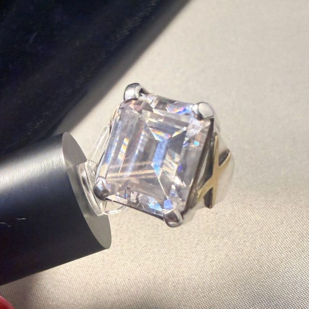 Vintage Two-Tone Sterling Silver Cocktail Ring Emerald Cut CZ size 5